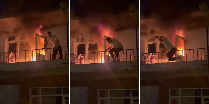 Yangını söndürmek için girdi, alevler büyüyünce balkondan atladı